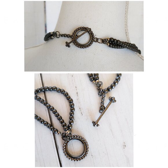 Handmade Floral Beaded Necklace Hematite Triple Layer Corsage Jewelry Whimsigoth - Picture 3 of 11